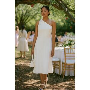 Markarian White One-Shoulder Asymmetric Viscose Midi Dress Cocktail Bridal Sz 10